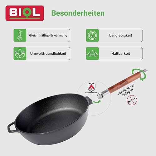 BIOL Poêle profonde en fonte avec manche en bois amovible de 24 cm pour induction, haute qualité, poêle universelle, rôtir, mijoter, cuisson facile - Nail Gallerys