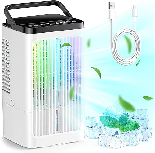 Climatiseur Mobile Mini,SUPOOBE Climatiseur Portable 1200ML,4 en 1 Refroidisseur D'air Silencieux USB Ventilateur,4 Vitesses de Ventilateur/90° Oscillation/2 Modes Brumisation Pour Chambre,Bureau - Nail Gallerys