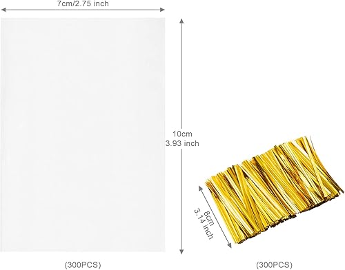 GWHOLE 300 Pcs Sac de Sucette Bonbons Mariage Halloween Noël Sachet Cellophane Transparent Emballage + 300pcs Liens Torsadés - Nail Gallerys