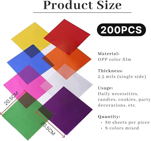 Flewdart 200pcs Cellophane Couleur 20.5x20.5cm, Feuille Colorée Cellophane, Papier Cellophane Colorée, Papier Vitrail Couleur Transparent Cristal Pour Diy Crafts Emballage Bonbon (coloré, 200pcs) - Nail Gallerys