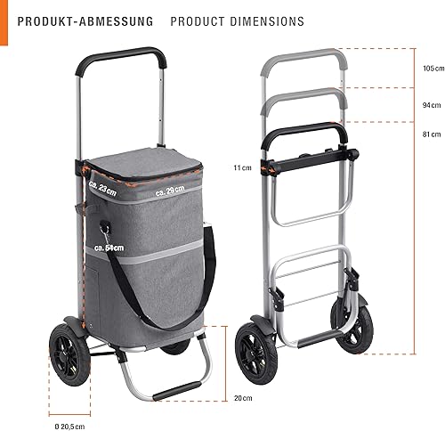 Meister Chariot de courses - 45 l - Pneus gonflables de qualité supérieure - Avec sac isotherme et poignée télescopique - Matériau résistant à la pluie - Suspension pour chariot de courses/chariot - Nail Gallerys