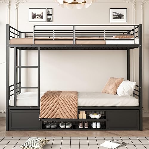YEHTOKHOME Lit Superposé avec Casiers et étagères de Rangement 90x200cm Lit d'enfant avec échelle Latérale et Barrière Anti-Chute(sans Matelas) (Noir) - Nail Gallerys