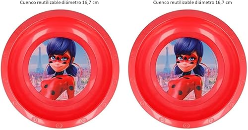 ALMACENESADAN 4719, Pack Lady Bug, miraculous ; composé de 2 bols réutilisables pour anniversaire, apéritifs ou usage quotidien, diamètre 16,7 cm ; produit réutilisable, sans BPA - Nail Gallerys