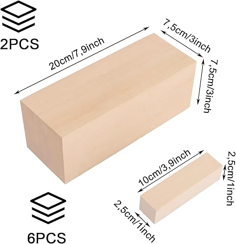 YAYODS Lot de 8 blocs de bois équarri à sculpter - Bois de tilleul à sculpter - 2 grands 20 x 7 x 7 cm - 6 petits blocs en bois équarri - 10 x 2,5 x 2,5 cm - Bois équarri de tilleul pour sculpter - Nail Gallerys