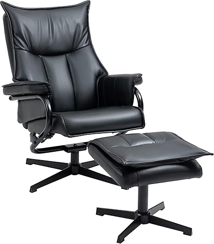 HOMCOM Fauteuil relax avec pouf, fauteuil de repos pivotant, fauteuil TV avec fonction chaise longue, fauteuil TV avec dossier inclinable, pour salon, bureau, similicuir, acier, noir - Nail Gallerys