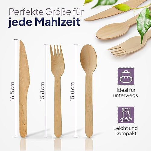 Inoverse Lot de 300 couverts en bois - 100 fourchettes en bois, 100 cuillères en bois, 100 couteaux en bois - Couverts jetables durables et biodégradables - Couverts en bois jetables solides - Nail Gallerys