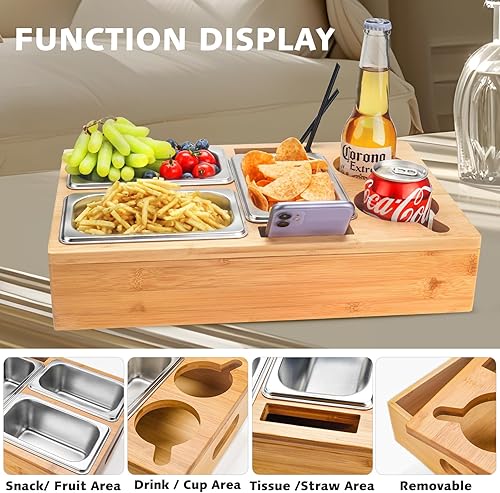 CouchBar avec 3 Bols à collation, Couvercle Amovible, Plateau de canapé en Bois, Bar avec Porte-gobelet, boîte à collation avec Compartiments, majordome de canapé, Organisateur de canapé - Nail Gallerys