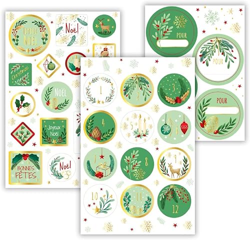 Avery - Lot de 12 étiquettes cadeaux, 32 stickers déco et 24 étiquettes calendrier de l'avent - thème nature vert pastel - Nail Gallerys