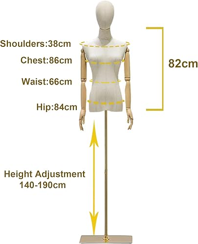 Femme Mannequin Couture, Réglable Hauteur 140-190 cm Mannequin Femme Buste avec Base en Métal, tête Amovible, Bras en Bois pour Affichage de Bijoux de Vêtements - Nail Gallerys