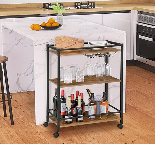 H JINHUI Chariot de Bar, Desserte Mobile, Chariot de Cuisine avec et Porte-gobelets, hariot de Bar à 3 Niveaux avec Roues Verrouillables, pour Salle à Manger, Salon, Bar, Marron Rustique et Noir - Nail Gallerys