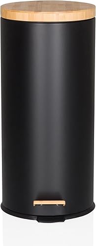hjh OFFICE Poubelle 30 litres, Poubelle à pédale avec couvercle en bambou, Softclose CLEAN BAMBOO Poubelle métallique avec seau intérieur, Noir mat - Nail Gallerys