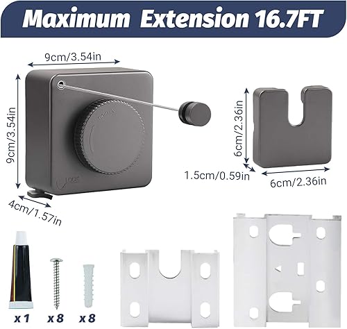 Corde à linge rétractable, corde à linge intérieure et extérieure, ne s'affaisse pas, 5 m, corde à linge extensible à fixation murale, corde à linge extensible robuste - Nail Gallerys