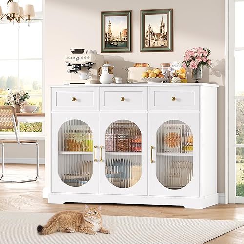FirFurd Buffet Cuisine Meuble Cuisine Rangement avec 3 Portes Vitrées 3 Tiroirs Bufffet pour Salle à Manger Salon Étagère Réglable 120x39.8x89.7cm Blanc - Nail Gallerys