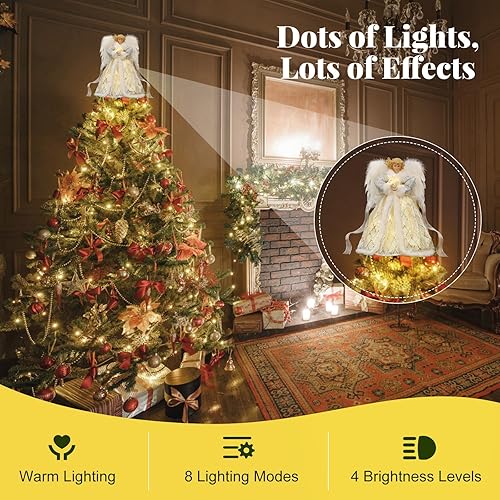 Lewondr Ange de la Cime du Sapin de Noël, 12 Pouces Cimier d'arbre de Noël Ange avec 8 Lumières, Figurine d'ange avec Ailes, Décoration de l'arbre de Noël avec Minuterie 6H pour la Maison, Argent - Nail Gallerys