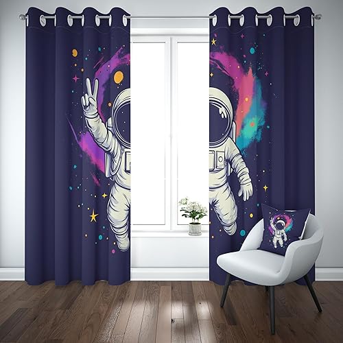 Sobhdga Rideau Dessin Animé Astronaute Rideau Occultant Thermique Isolant Anti Froid, Rideaux Ciel Étoilé Galaxie Univers Draperies Interieurs a Oeillets pour Chambre, 140l X 240h, Lot de 2 - Nail Gallerys