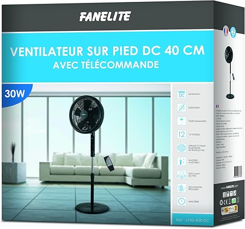 Fanelite Ventilateur sur pied silencieux 40 cm LF42-40R-DC – 12 vitesses – Moteur DC économique – Télécommande – Minuterie 12h – Oscillant – Hauteur réglable – Plastique - Nail Gallerys
