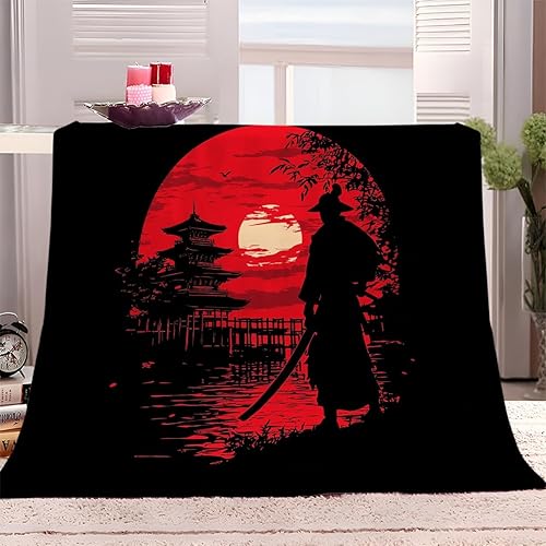XCQHZYQ Plaid Couverture Polaire Soleil Rouge samouraï Japonais 200x200 cm Super Chaude Couverture de lit Douce Flanelle Jeté de Canapé Sherpa Polaire Couverture pour Adultes d'enfants - Nail Gallerys