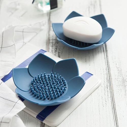 Porte-savon en forme de fleur de lotus - Porte-savon en silicone - Pour salle de bain, douche, cuisine - Bleu - Nail Gallerys