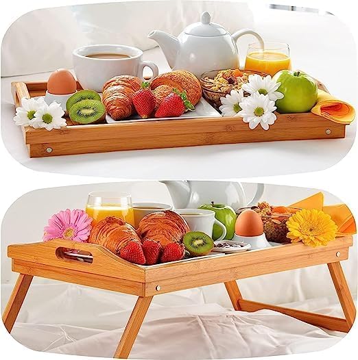 Plateau de Petit-Déjeuner Avec Pieds - Utilisable sur Lit, Canapé pour Nourriture, Collations, Thé - Plateau de Service en Bambou Facile à Nettoyer - Nail Gallerys