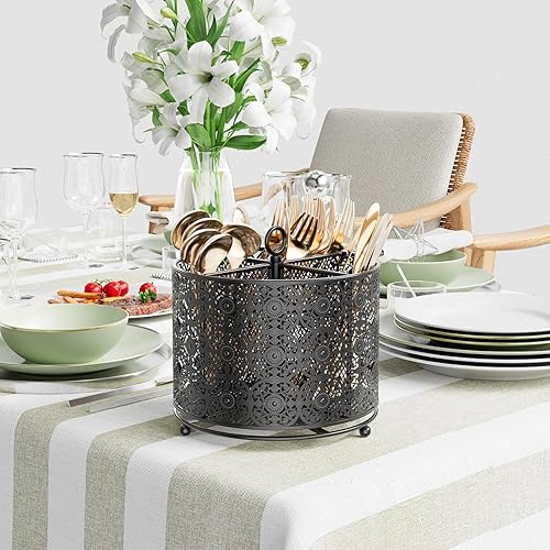 EKNITEY Panier à ustensiles rotatif à 360° – Support de couverts avec 4 compartiments – Organiseur de couverts surélevé avec poignée pour fête, cuisine, comptoir de bureau, noir - Nail Gallerys