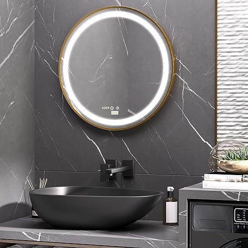 kleankin Miroir Rond Lumineux LED Miroir Mural de Salle de Bain 60 cm avec 3 Couleurs de température, Interrupteur Tactile, Affichage de l'heure, Fonction mémoire, doré - Nail Gallerys