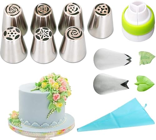 Lot de 11 douilles en acier inoxydable professionnel,Embouts : 7 grandes douilles à fleurs, 2 feuilles, 1 adaptateur, 1 sac à douille en silicone, accessoires de pâtisserie, décoration de gâteau - Nail Gallerys