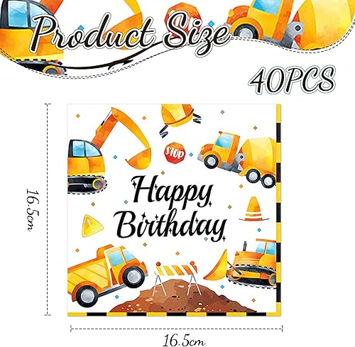 Kotkiddy 40 serviettes pelleteuse, serviettes chantier pour anniversaire, serviettes tracteur pour décoration de table d'anniversaire d'enfant 33 x 33 cm - Nail Gallerys