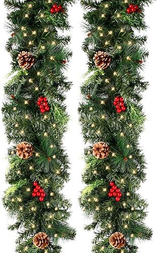 Ghopy 270cm Guirlande Sapin Noel Artificiel, Couronne Sapin Vert Arbre avec Pommes de Pin, Fruits Rouges, Décoration Idéale Noël, pour Chambre Porte Mur Fenêtre Escalier Cheminée (2,7m avec 50Leds) - Nail Gallerys