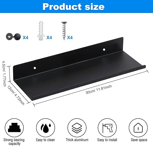 SCHYIDA 2 PCS Tablettes Flottantes en Space Aluminum, 30 cm Étagère Murale Noire Étagère de Douche Murale Rectangulaire Étagères Flottantes avec Vis pour Salon, Chambre, Salle de Bain, Cuisine - Nail Gallerys