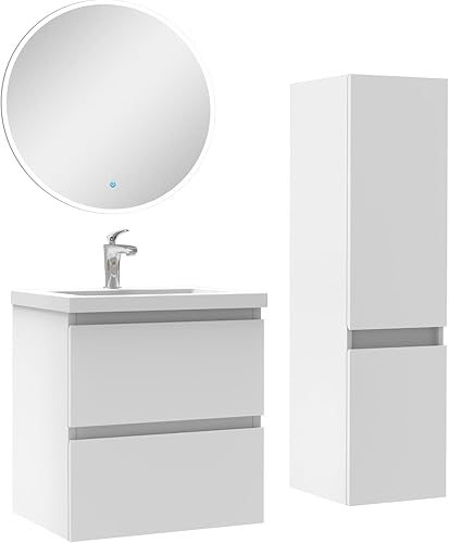 AICA Ensemble Meubles Salle de Bain 100cm Vasque + Colonne + Miroir Rond Lumineux Anthracite - Nail Gallerys