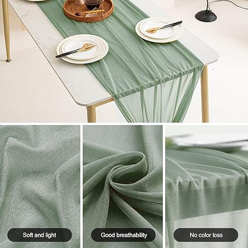 Gohytal Chemins de Table en étamine Vert Sauge, 70x300 cm Décoration de Table de Mariage Nappe de Soie Boho Gaze Vert Sauge Décoration de Table pour Mariage Anniversaire Fête Prénatale Baptême - Nail Gallerys