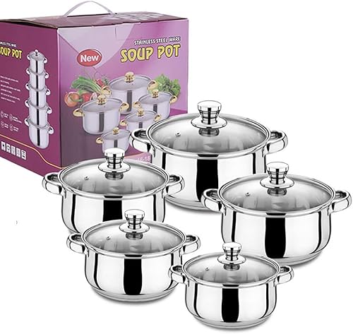 Uposao 10Pcs Batterie de Cuisine en Acier Inoxydable, Casseroles/Faitouts avec Couvercle en Verre pour Tous Feux Dont Induction - Nail Gallerys
