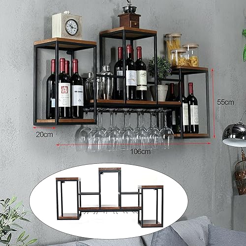 Fetcoi Étagère Murale en Métal - Casier à Vin Rétro en Fer et Bois - Porte-Vin et Porte-Verres pour Maison et Restaurant (106 x 55 x 20 cm) - Nail Gallerys