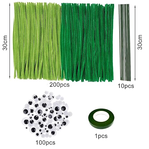 YHUIKXIN 200 Pièces Fil Chenille Vert 30cm Cure Pipe avec 100 Yeux Autocollants 10 Bâtons de Fleurs 1 Ruban Adhésif Vert Foncé pour DIY, Fleurs, Décoration (Vert, Vert Clair) - Nail Gallerys