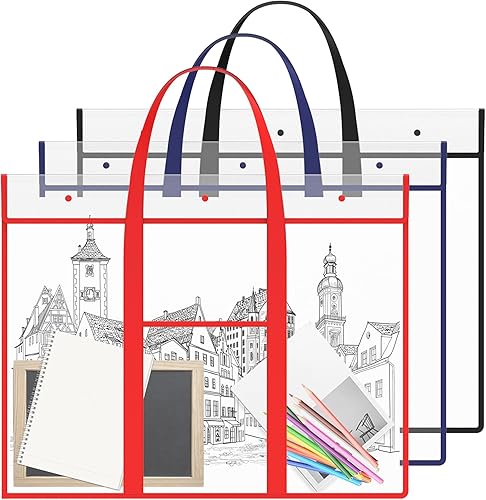 Lot de 3 grands portefeuilles d'art A2 avec poignée, imperméable en PVC transparent pour étudiant, dessin, peinture, croquis, projet, organisation de bureau - Nail Gallerys