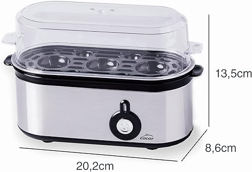Lacor - 69343 - Cuit à œufs TRI OVUM, acier inoxydable 18/10, 3 niveaux de cuisson : dur, mollet, passage par eau, capacité : 3 œufs, arrêt automatique, 20,2 x 8,6 x 13,5 cm, Gris - Nail Gallerys