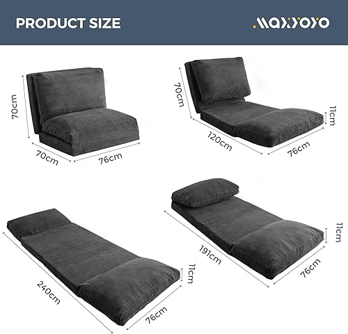 MAXYOYO Pouf pliable en velours côtelé avec rembourrage en mousse, extra épais, 4 couches, matelas/canapé de sol pour adultes, housse amovible et lavable en machine, anthracite, 75 x 240 cm - Nail Gallerys