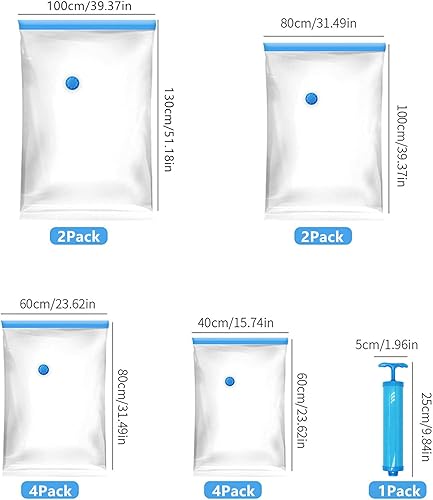 Sacs de Rangement Sous Vide Lot de 12 Sacs 2*130x100+ 2*100x80+ 4*80x60+ 4*60x40cm Housses de Rangement Sous Vide Voyages Réutilisables pour Matelas, housses de rangement sous vide avec pompe manuelle - Nail Gallerys