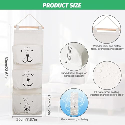 SCHYIDA 3 PCS Sac Rangement Suspendu en Tissu de Lin Mignon Sac d'entreposage avec 3 Poches Organisateur pour Ranger Petits Choses Panier Pochette de Rangement pour Chambre, Bureau, Salle de Bain - Nail Gallerys