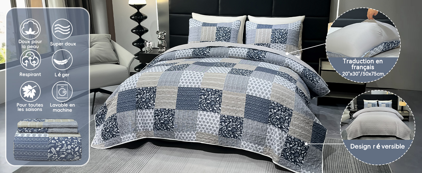 Série de photos détaillées du produit montrant un tissu matelassé ou texturé avec des spécifications techniques ou des instructions d'entretien visibles.