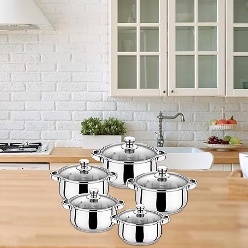 Uposao 10Pcs Batterie de Cuisine en Acier Inoxydable, Casseroles/Faitouts avec Couvercle en Verre pour Tous Feux Dont Induction - Nail Gallerys