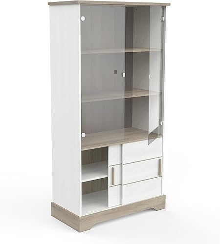 Vitrine Résistante A L’Eau En Bois Blanche 2 Portes Vitrées & 2 Portes Coulissantes – Coloris Chêne et Blanc – 92,7x45x79,7 cm - Nail Gallerys