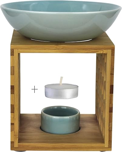 Bitto Lampe à parfum Riga bleu blanc avec bougie, grand bol, diffuseur brûle parfum, commerce équitable, lampe aromatique en bambou et céramique - Nail Gallerys