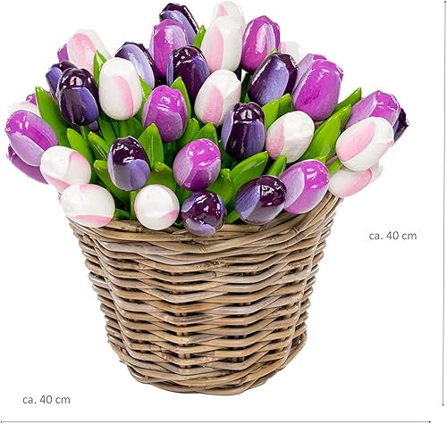 50 Tulipes en Bois dans Un Panier en Osier 34 cm de Haut Bouquet Peint à la Main décoration Fleurs en Bois Cadeau d'anniversaire fabriqué aux Pays-Bas - Nail Gallerys