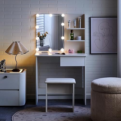 TUKAILAi Coiffeuse avec Miroir et Tabouret LED, Coiffeuse avec Rangement à Tiroir et 3 Compartiments, Table de Maquillage Blanc Chambre, Coiffeuse d'angle Moderne Femme Cadeau 75 * 40 * 137cm - Nail Gallerys