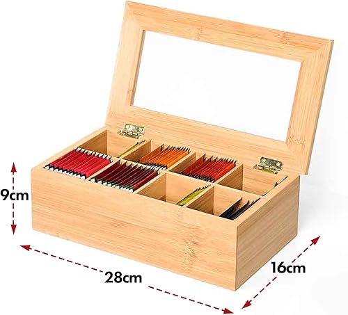 KARAT - Boite à thé en Bambou - Coffrets à thé avec fenêtre Transparent - Boîte Anti-humidité Anti-moisissures pour épices - Coffret de Rangement avec Compartiments (20P x 36,7L x 9H cm - Florida) - Nail Gallerys