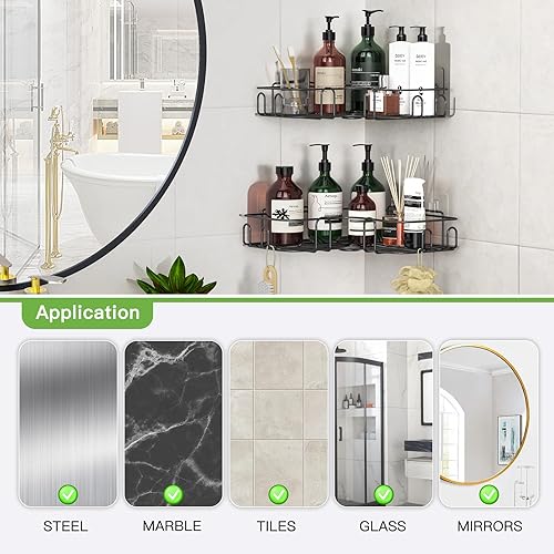 Uamector Etagère de Salle de Bain d'angle sans Perçage - 3 PCS Porte Shampoing Gel Douche Angle Antirouille - Etagère de Rangement pour Salle de Bain (Lot de 3 Coins Noir) - Nail Gallerys