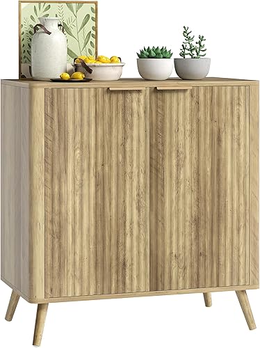 HOMCOM Buffet Salon Meuble de Rangement cannelé Style Moderne avec Placard à 2 Portes et étagère réglable - Buffet Salle à Manger et Salon, 77 x 40 x 81 cm, chêne - Nail Gallerys