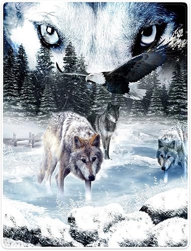 Couverture Épaisse en Flanelle Polaire - Douce et Confortable pour Canapé - Motif Loup, Aigle, Pin et Neige - 150x200cm - Nail Gallerys