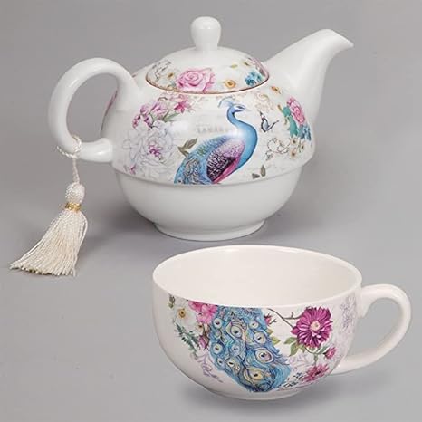 Bits and Pieces - Théière en porcelaine de paon et ensemble de tasse - Élégant Motif paon avec poignée Théière délicate Tassel sur une excellente Décoration - Comprend le Coffret cadeau décoratif - Nail Gallerys